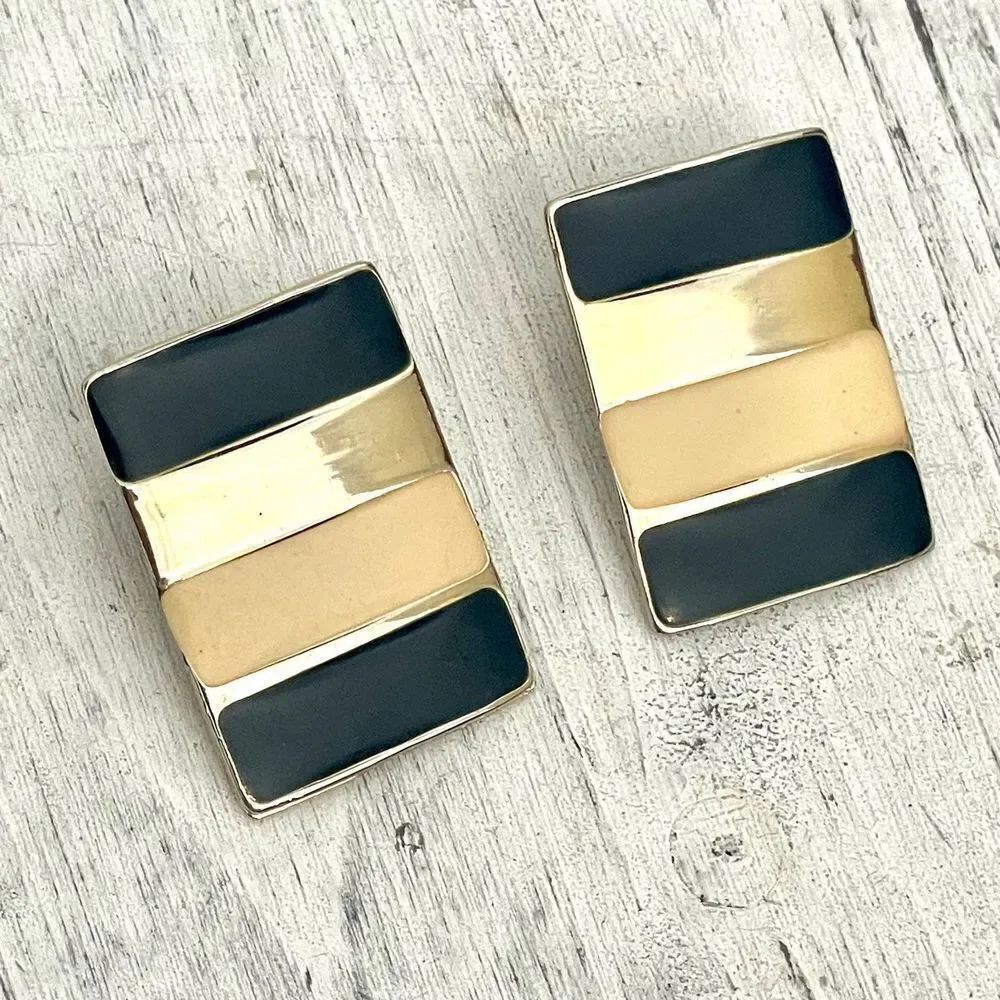 Gold tone black cream rectangle post earrings